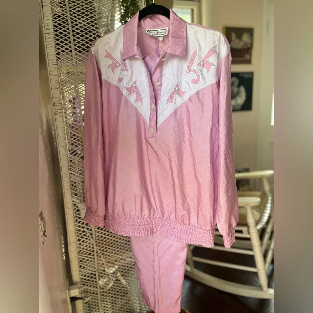 VINTAGE Rare St. Germain Retro 80s Swishy Pink & White Tracksuit Set Size Medium